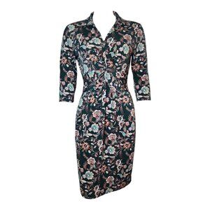 EnFocus Studio Dress Womens Size 4 Green Floral Collared 3/4 Sleeve Forest Fairy